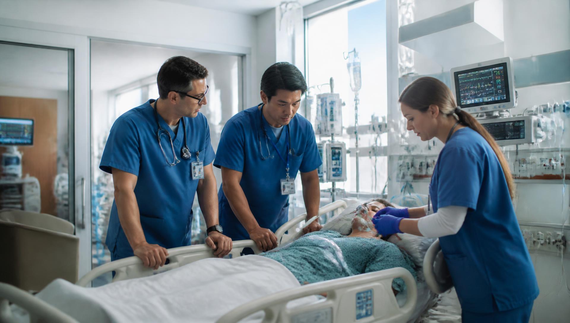 Intensive care team of two doctors and a nurse treating a ventilated patient