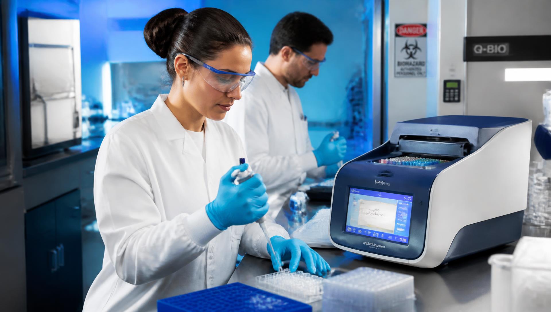 Laboratory technicians running RT-PCR in a virology laboratory